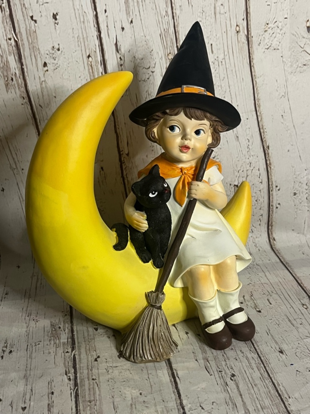 Rare Halloween Little Girl Witch Figurine Black Cat On Moon Vintage 1930's Style